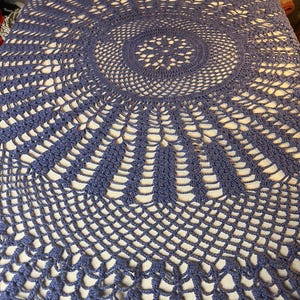 Beautiful hand crocheted  round tablecloth in blue Hand crocheted in Sweden