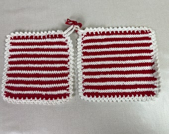 Hand crocheted pot holders in red and white