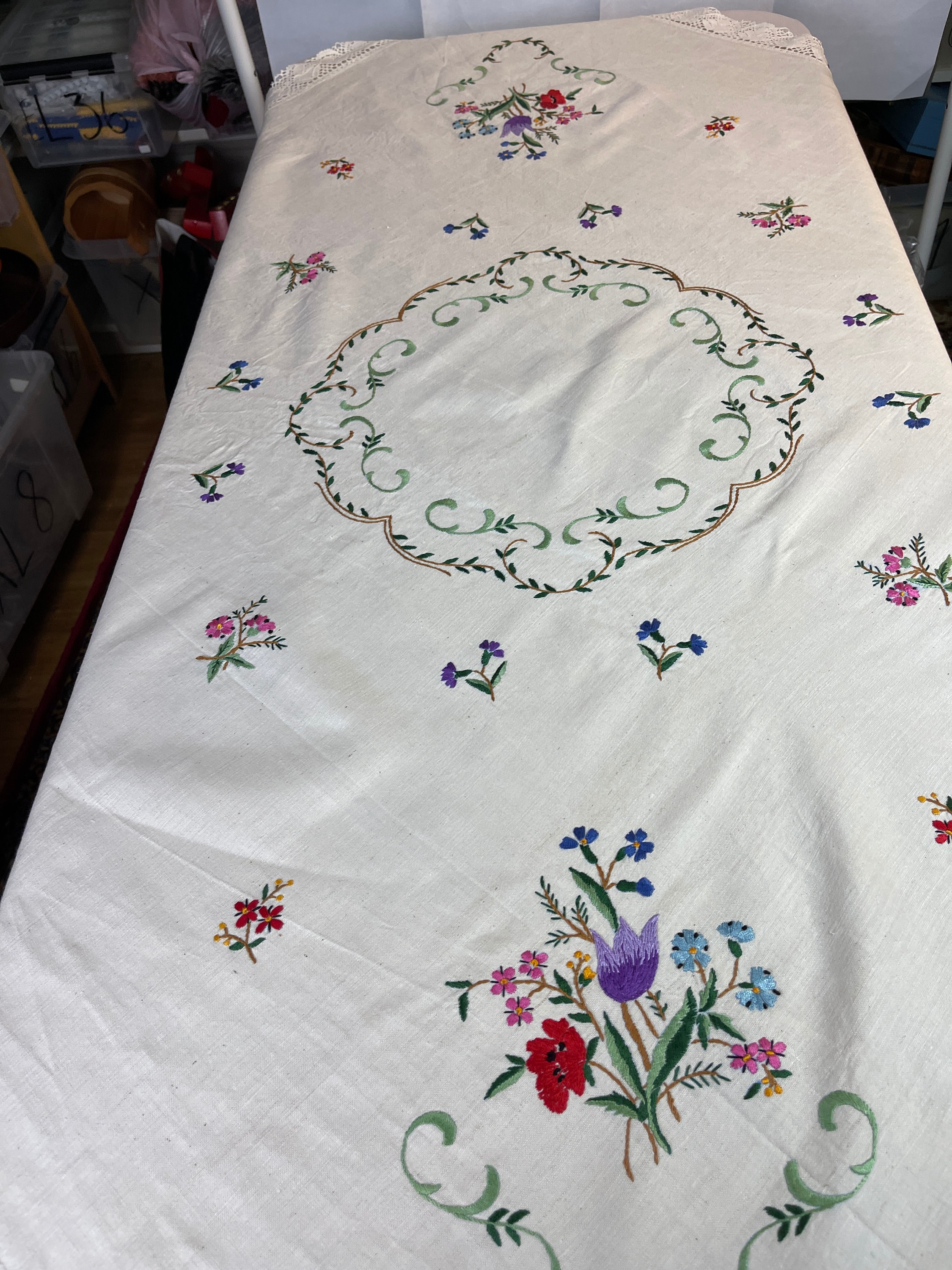 A Very Nice Hand-embroidered Older / Vintage Tablecloth That is in