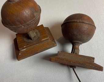 2 pcs antique wood finial, perfect for decorating furniture, beds and stairs.  These are very old, they even have the nail still...