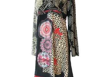 Vintage Desigual dress in browns black  and reds . desigual,boho,designer,dress,retro, desigual dress