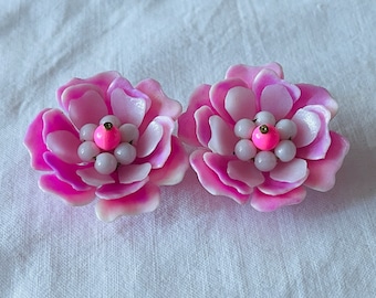 Boucles D'oreilles Clip Vintage En Celluloïd Rose Et Plastique Doré, Années Rétro, Sans Pierre
