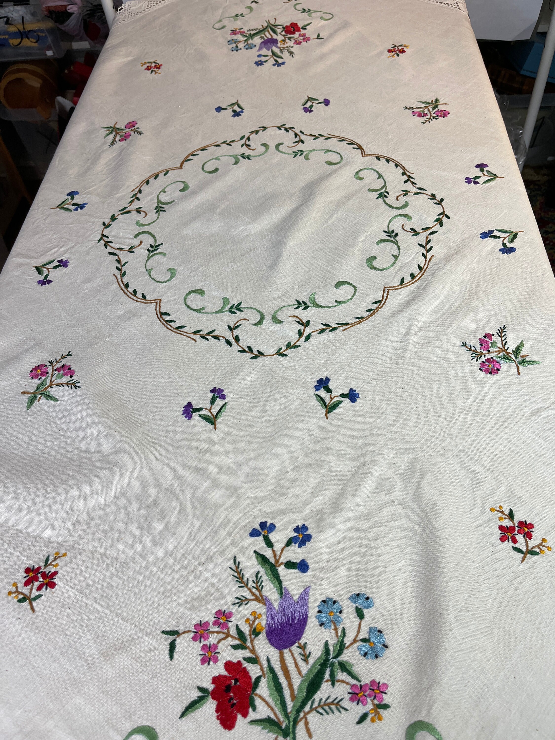 A Very Nice Hand-embroidered Older / Vintage Tablecloth That is in
