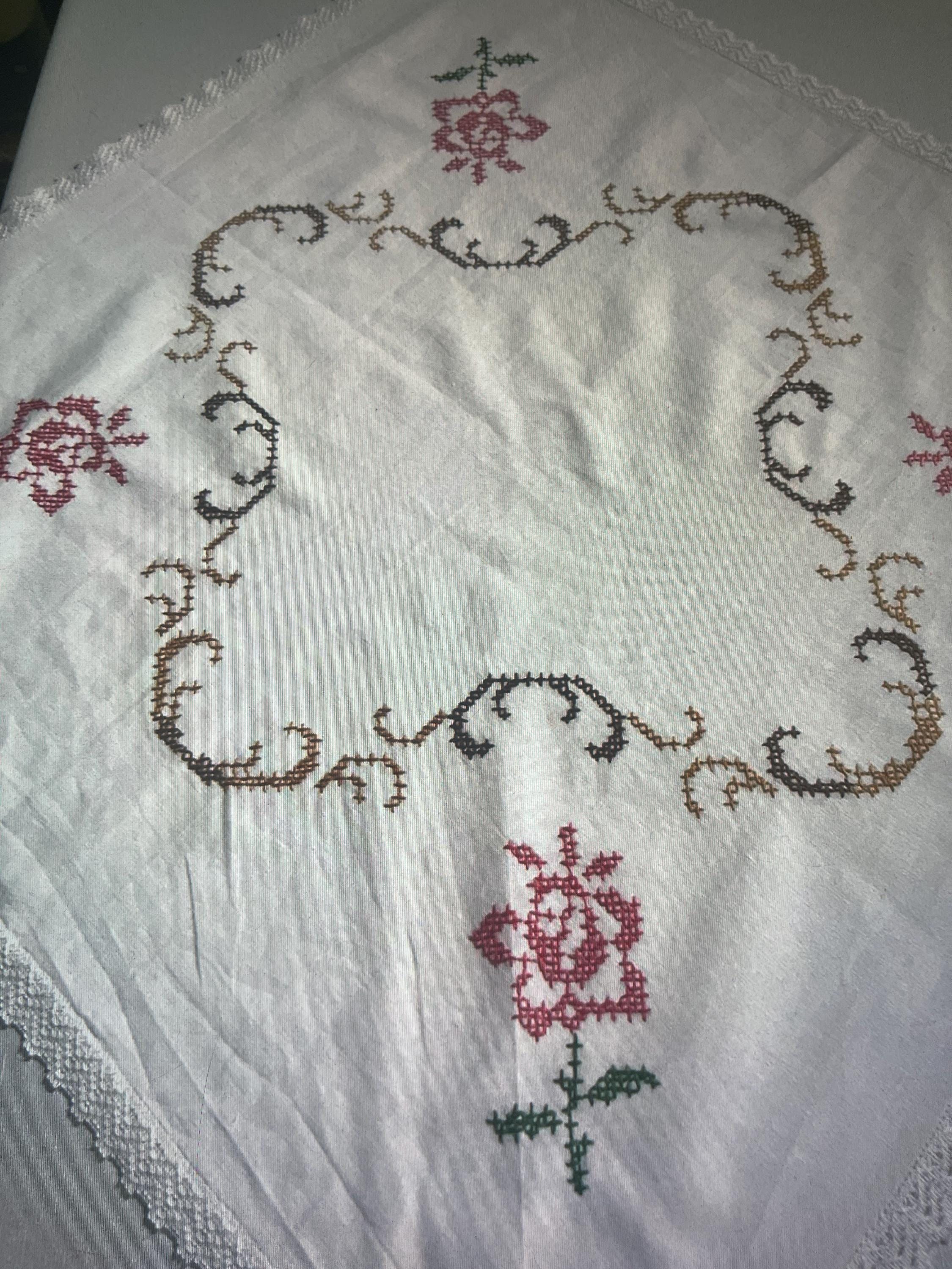 Very Nice Vintage Hand-embroidered Tablecloth, With Lace  60\