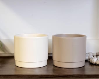 Macetas modernas grises y blancas de 5" y 7" • Macetas de cerámica en tonos tierra topo • Regalo para decoración del hogar