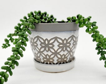 Maceta de cerámica con estampado floral para suculentas • Maceta moderna para plantas de interior con drenaje