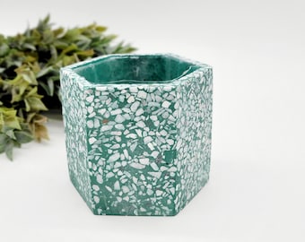 Geometric Mint Green Succulent Planter • Small Ceramic Pot for Shelf • Blue Plant Pot