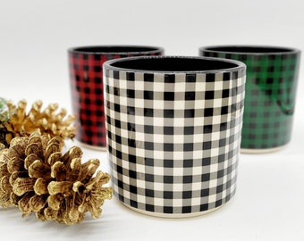 Buffalo Plaid Plant Pots • Farmhouse Home Decor • Holiday Ceramic Succulent Planter • Black and White Indoor Planter for House Plants