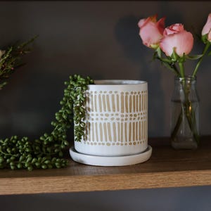 5&quot; White Ceramic Plant Pot with Drainage • Indoor Plant Pot • Boho Outdoor Planter • Aztec Houseplant Flower Pot • White Medium Planter