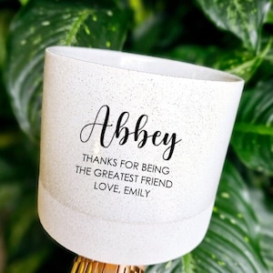 May include: White ceramic planter with a sparkly finish. The planter has the name "Abbey" written in cursive and the text "Thanks for being the greatest friend Love, Emily".