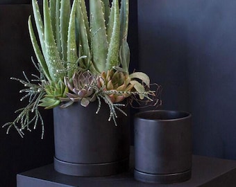 Black Ceramic Plant Pot with Drainage Holes and Saucer • Modern Indoor Planter • Plant Lover Gift • Sleek Black Plant Pot • Gift for Her