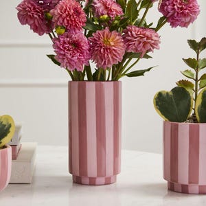 8" Pink Striped Flower Vase • Ceramic Vase for Flowers • Wedding Decor • Trendy Vase • Minimalist Groovy Vase • Blush Pink Pot