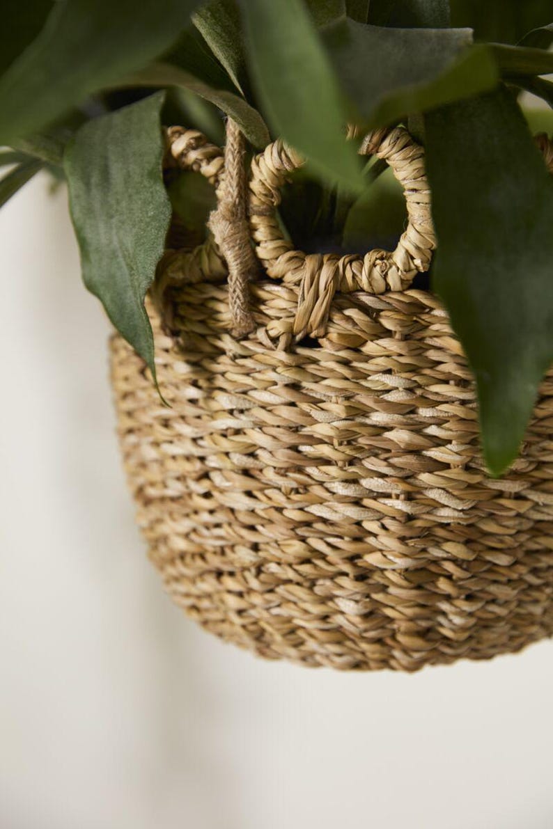 May include: Close-up of a woven basket with a round handle and a natural, light brown color. The basket is filled with green leaves. The basket is made of woven material and has a textured surface.