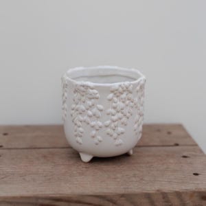 May include: White ceramic planter with a decorative design of hanging vines. The planter has three small feet and is perfect for displaying small plants.