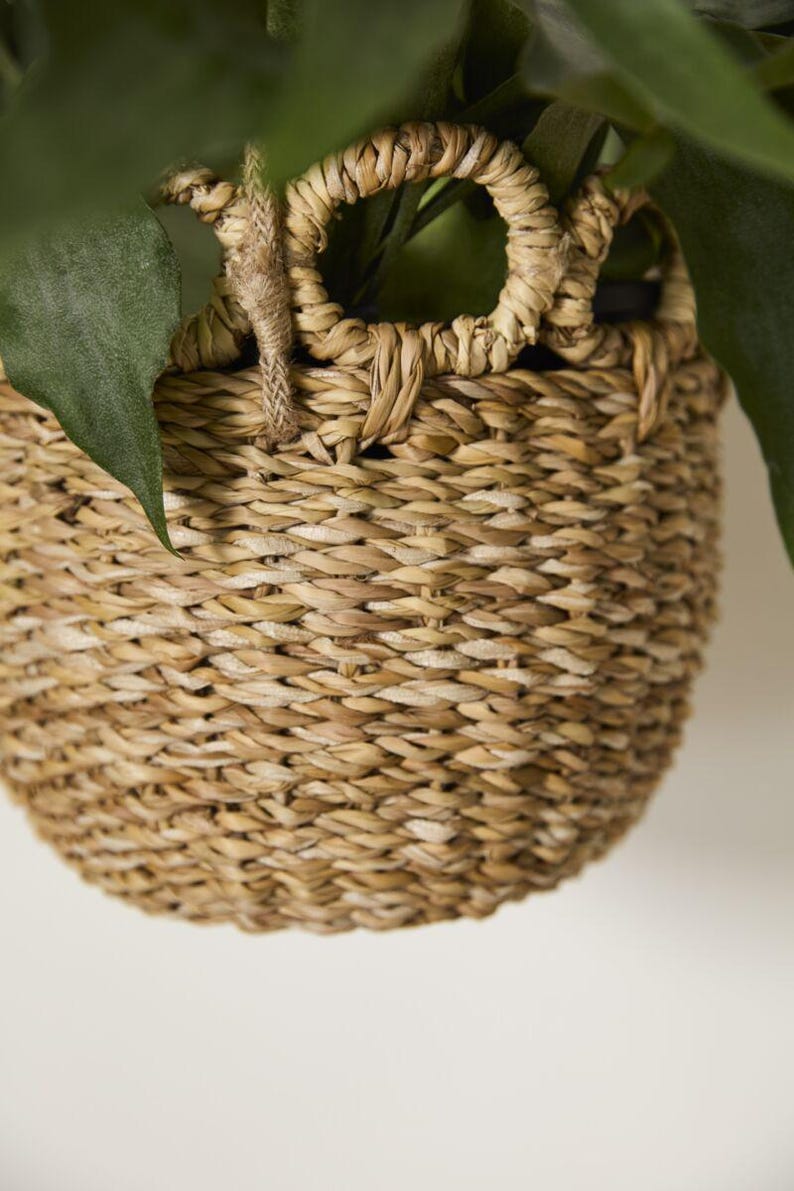 May include: Woven basket with a natural, light brown color. The basket has a rounded shape with a woven handle and a braided rope detail. Green leaves are visible around the top of the basket. Ideal for home decor and plant storage.