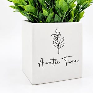 May include: A white square ceramic planter containing a green leafy plant. The front of the planter features a black line drawing of a sprig with leaves and the text "Auntie Tara" written in a black cursive script font.