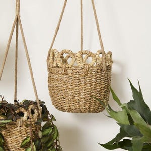 May include: Two woven hanging baskets with rope hangers. The baskets are made of natural fibers and have a decorative looped design around the top edge. One basket is empty, and the other contains greenery.