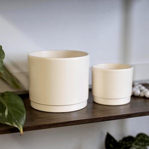 May include: Two cream-colored ceramic plant pots of different sizes sit on a dark brown wooden shelf. The pots are cylindrical with a slightly raised base. The shelf is against a white wall, with a plant leaf visible on the left.