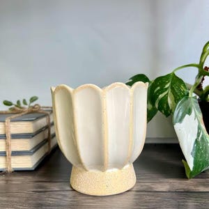 May include: A ceramic planter with a scalloped, petal-like rim and a smooth, glossy off-white finish. The base is circular, textured, and speckled with a light tan colour, matching the vertical ridges that extend upwards from the base to the rim.