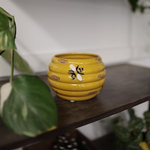 May include: A yellow ceramic planter shaped like a beehive. The planter has horizontal ridges and a painted bee design. The bee is black and white. The planter is on a dark brown shelf.