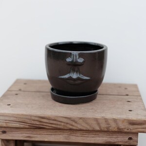 May include: A dark brown ceramic plant pot with a face design, featuring a nose and lips. The pot has a matching saucer and sits on a wooden surface. The pot is approximately 15 cm in diameter.