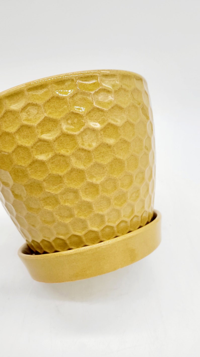 5 Mustard Yellow Planter Pot With Saucer Drainage Hole Etsy