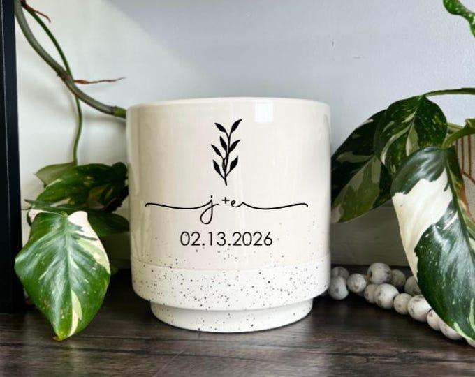 Personalized Ceramic Planter • Wedding Anniversary Gift for Couple, Custom Initials & Date