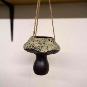 May include: A hanging mushroom-shaped planter. The planter is dark brown with a speckled, light green and brown top. It is suspended by a natural fiber rope. The planter is designed to hold small plants and adds a whimsical touch to any space.