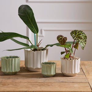 Ceramiczna doniczka z falistym żebrowaniem | Biało-zielona doniczka | Nowoczesna doniczka | Mała doniczka do wnętrz | Wystrój domu Cottagecore