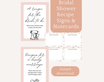 Pode incluir: Cartões de receita imprimíveis para um chá de panela com fundo rosa e design floral. Os cartões têm o texto "Receita para um casamento feliz" e um espaço para os convidados escreverem suas receitas favoritas ou conselhos para o casamento.