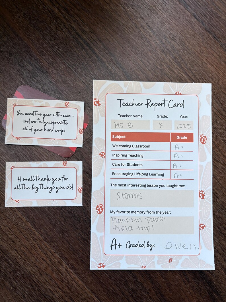 Teacher Appreciation Card Printable Report Card & Gift Tags (digital ...