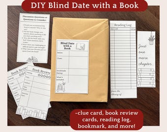 ブラインドデート with a Book 印刷可能キット DIY ブックギフト PDF ダウンロード ブックマーク、ヒントカード、レビュー、図書館カード読書ログ、ディスカッションプロンプト