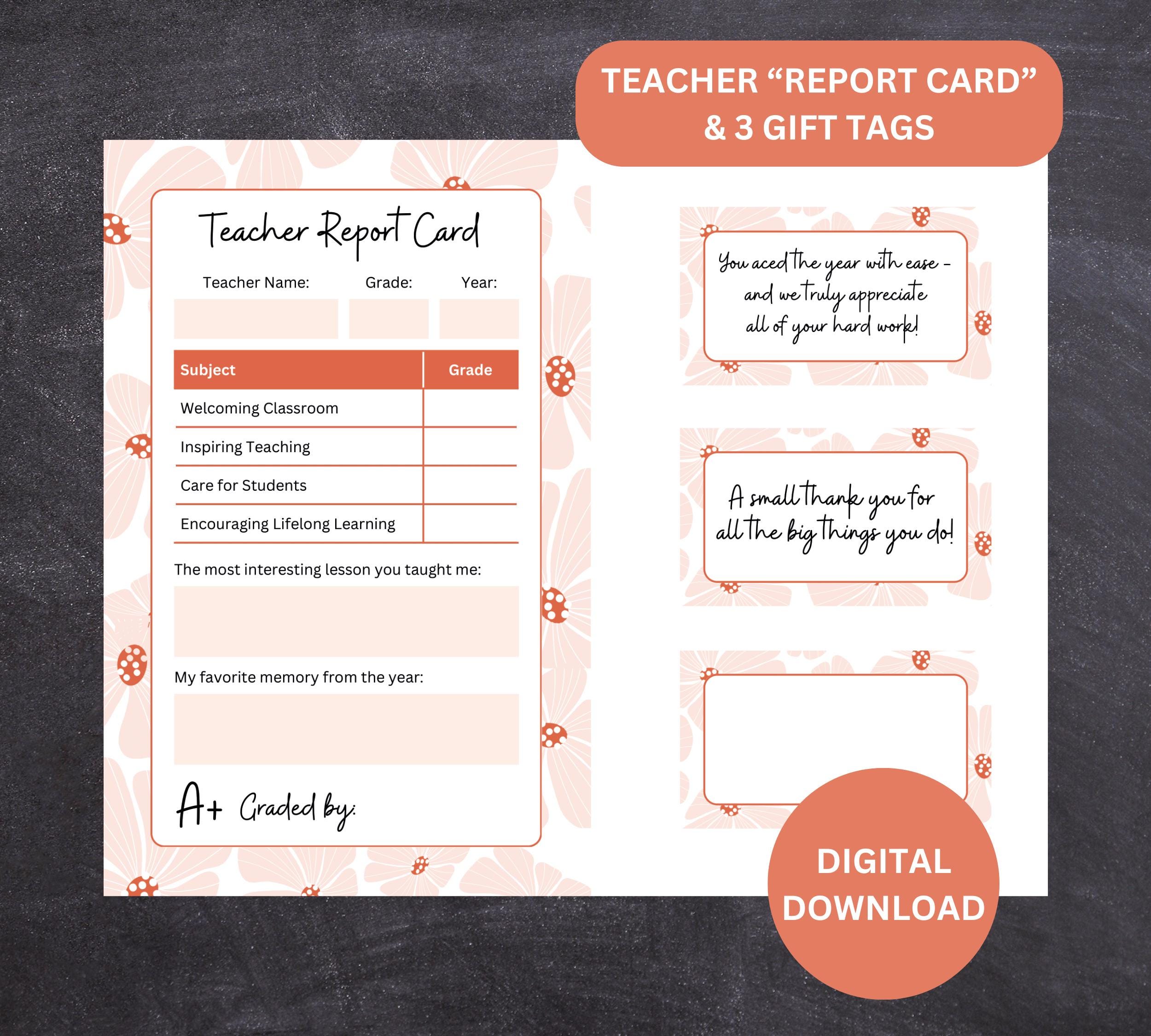 Teacher Appreciation Card Printable Report Card & Gift Tags (digital ...