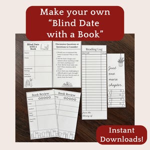 Könnte beinhalten: Eine Sammlung druckbarer Downloads zum Thema Bücher, darunter ein Leseprotokoll, Buchrezensionskarten und ein Lesezeichen. Der Text auf dem Bild lautet "Make your own Blind Date with a Book" und "Instant Downloads!"