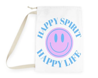 Laundry Bag Happy Life Happy Life- Aesthetic Laundry Bag, graphic bag, Tumblr bag, Trendy Oversized, Vsco girl, Happy Mind Happy Spirit