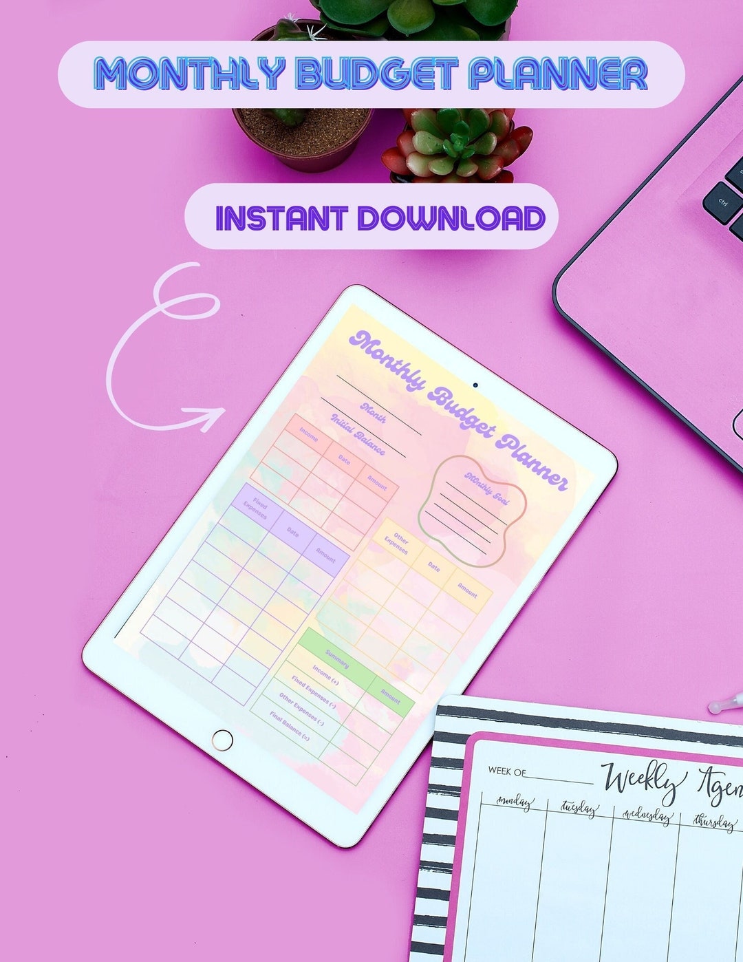 Monthly Budget Printable Planner, Instant Download Pink Rainbow Monthly