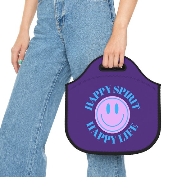 Happy Spirit Happy Life Lunch Bag White Purple Lavender Happy Mind Neoprene Lunch Bag Smile Travel Cooler VSCO Girl Tumblr Aesthetic Etsy UK