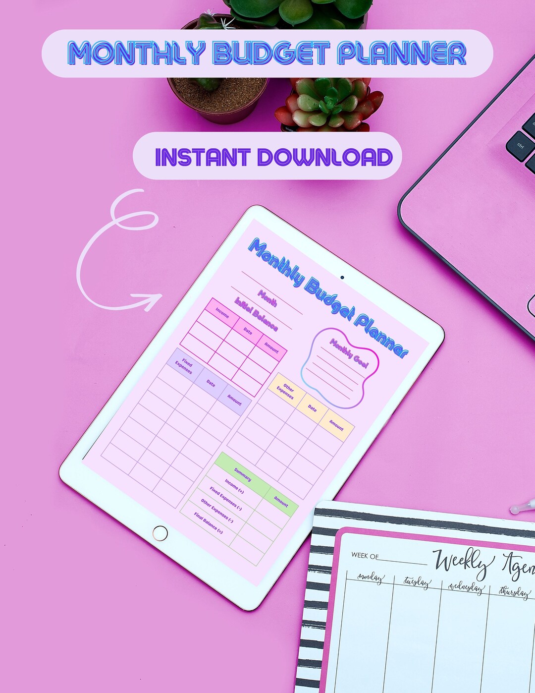 Retro Monthly Budget Printable Planner, Instant Download Pink Purple