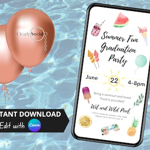 Puede incluir: La pantalla de un teléfono digital que muestra una invitación a una fiesta de graduación con temática de verano. La invitación presenta una sandía, una paleta de hielo, un sol y una piscina. El texto de la invitación dice "Summer Fun Graduation Party", "June 22, 4-8pm", "Bring a swimsuit and towel. Food is provided!" y "Wet and Wild Pool".