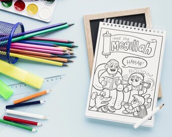 Purim Malbuch für Kinder 35 Seiten- Lese die Purim Geschichte und male sie aus. Digitale Dateien, Sofort-Download (PDF)