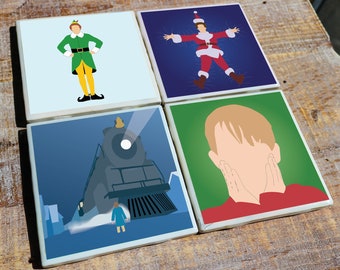 Posavasos navideños de película con ilustraciones minimalistas originales / Juego de 4 o 6 baldosas de cerámica con alto brillo y respaldo de corcho / Perfecto para el hogar/la oficina