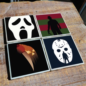 Horror Movie Coasters w/ Original Minimalist Artwork | Ceramic Tiles w/ High Gloss & Cork Backer | Perfect for Home/Office