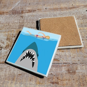 Jaws Movie Coaster with Original Minimalist Artwork | Ceramic Tile with High Gloss Finish and Cork Backer | Perfect for Home or Office