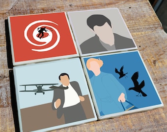 Posavasos de la película Alfred Hitchcock con ilustraciones minimalistas originales / Azulejos de cerámica con acabado brillante y base de corcho