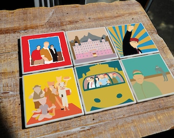 Posavasos de la película Wes Anderson (paquete de 4 o 6) con ilustraciones minimalistas / Decoración cinematográfica única para cinéfilos