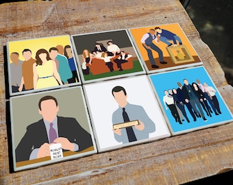 Posavasos de programas de televisión con ilustraciones minimalistas / Azulejos de cerámica con alto brillo y respaldo de corcho / Combina entre 16 diseños diferentes