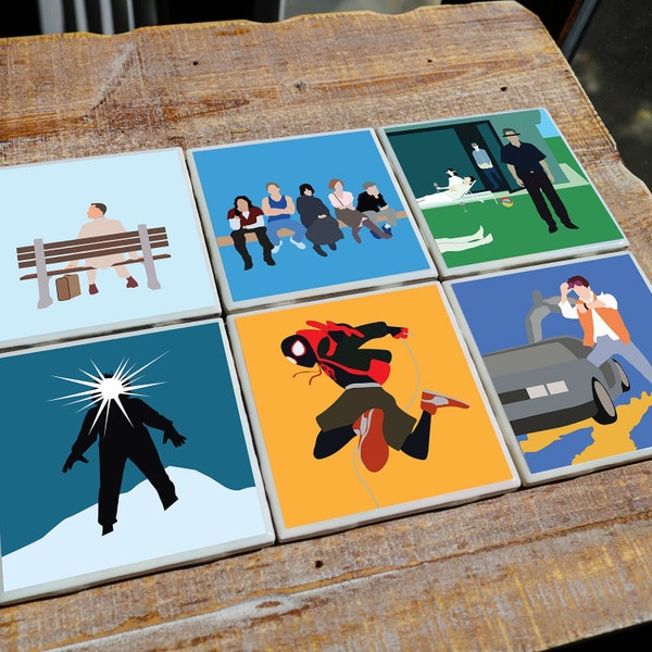 Set of 4 or 6 Movie Coasters with Original Minimalist Artwork | Ceramic w/ High Gloss and Cork Backers | Choose from over 100 designs