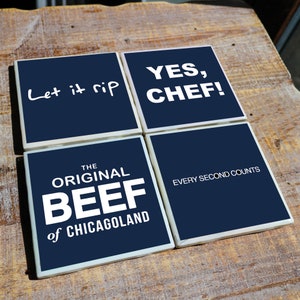 The Bear Coasters (TV Show) | Set of 4 ft. Iconic Phrases, The Original Beef of Chicagoland, Yes Chef, Let It Rip, and Every Second Counts