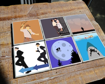 Posavasos de la película Steven Spielberg (paquete de 4 o 6) con ilustraciones minimalistas / Decoración cinematográfica única para cinéfilos