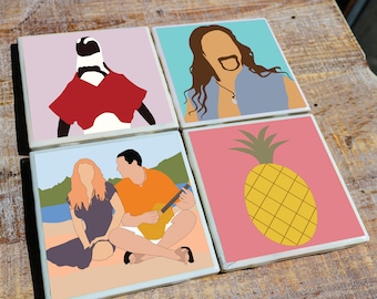 50 primeras citas / Juego de 4 posavasos de cerámica de película con ilustraciones minimalistas originales / Alto brillo con respaldo de corcho / Perfecto para el hogar o la oficina